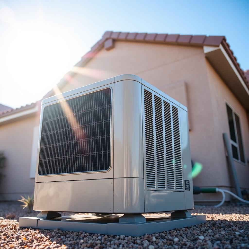 Residential AC condenser unit at an Arizona stucco home