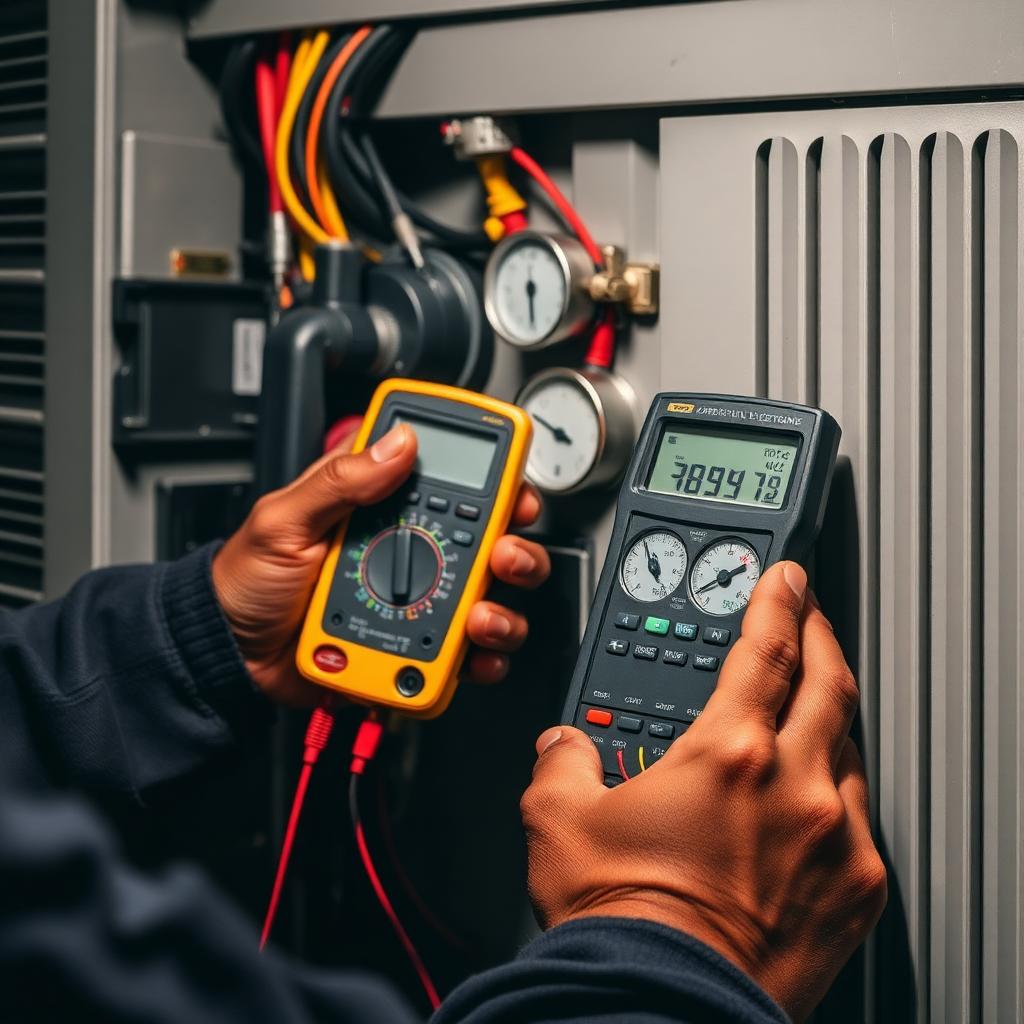 Technician testing AC capacitor and refrigerant gauges